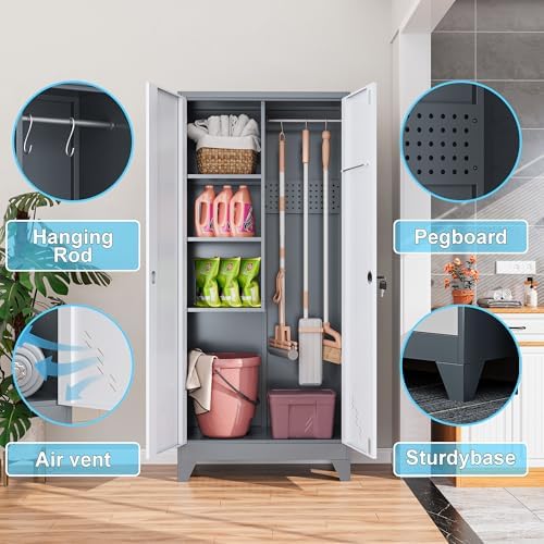 61" Metal Storage Cabinet with Lockable Doors, Cleaning Supply Cabinet with Pegboard and Hanging Rod. Garage Tool Storage Cabinets for Home, Laundry, Office, Home Kitchen Utility Cabinet - Image 5