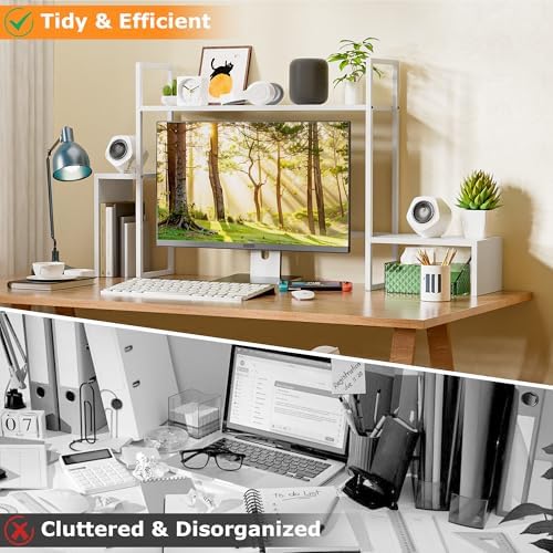 WelFurGeer LED Desk Shelf Organizer with RGB Light Strip, 2-Tier Desktop Shelf for Computer Monitor, Sturdy Metal Frame & Wood Shelves - Desk Hutch Bookshelf for Home Office, Dorm, Gaming (White) - Image 4