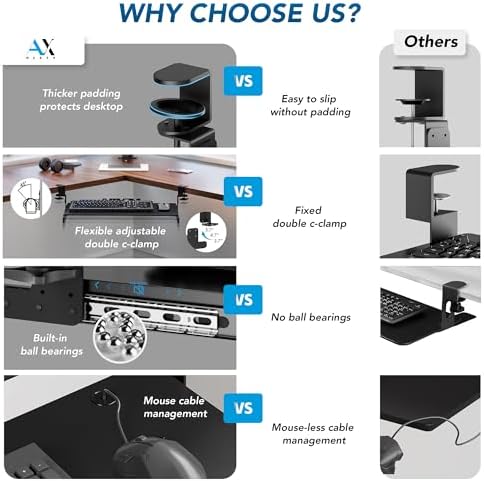AX WABER Keyboard Tray Under Desk Pull Out with 3 Height Adjustable Extra Sturdy C Clamp Mount System, 32.8 (38 inch Including Clamps) x 12 Inch Slide-Out Platform Computer Drawer for Typing - Image 3