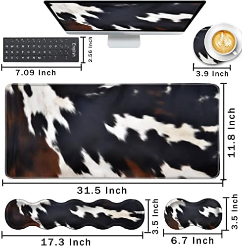 Keyboard Wrist Rest and Mouse Pad with Wrist Support Set Ergonomic Coaster,Memory Foam,Easy Typing Pain Relief,Large XL Desk Mat 31.5"x 11.8",Cute Cowhide Brown Black Cow - Image 2
