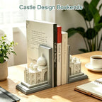 Book Ends for Shelves, Heavy Duty Decorative Bookends, Non-Skid Castle Design Book Holder for Heavy Books/CDs, Modern Aesthetic Resin Shelf Decor, Book Stopper for Home Office, Set of 2, White - Image 4