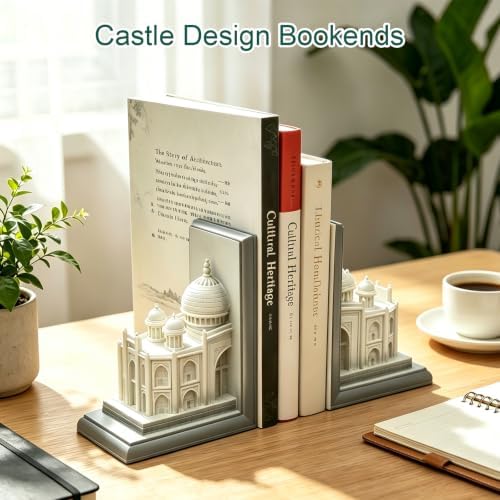 Book Ends for Shelves, Heavy Duty Decorative Bookends, Non-Skid Castle Design Book Holder for Heavy Books/CDs, Modern Aesthetic Resin Shelf Decor, Book Stopper for Home Office, Set of 2, White - Image 4