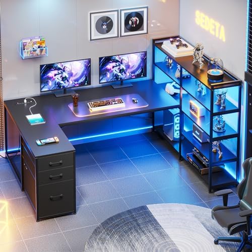 SEDETA 64.5" Reversible L Shaped Gaming Desk with Storage Drawers, Shelves by SEDETA