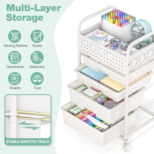 SYKIARIOL 4 Drawer Rolling Storage Cart with Pegboard Top and Hooks, White - Image 3