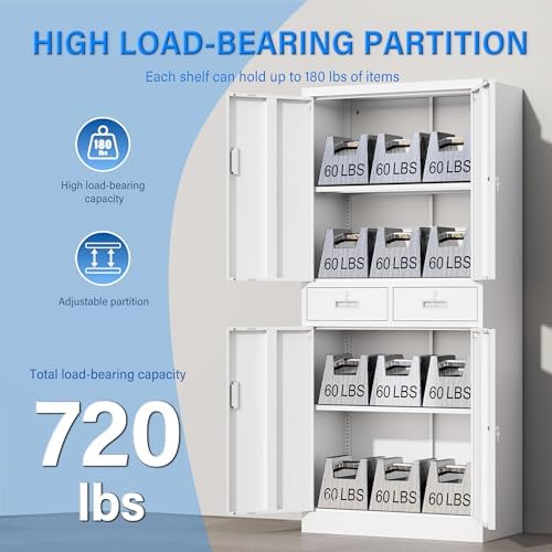 BESFUR Metal Storage Cabinet with 2 Drawers and Adjustable Shelves, 71" H Reinforced Heavy Duty Locking Storage Cabinet for Office, Garage, Home, School, Utility(White) - Image 6