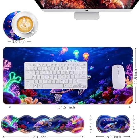 Mouse Pad,Large Desk Mat Set, 4in1 XL Mousepad + Keyboard Wrist Rest+Mouse Wrist Rest+Coaster with Ergonomic Desk Pad for Home Office Table Computer Cover -Neon Sea Turtles - Image 6
