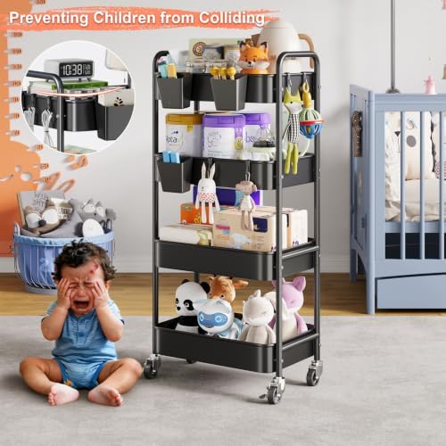 4 Tier Rolling Cart Metal with Wheels, Black Storage Carts,38in Tall - Image 3