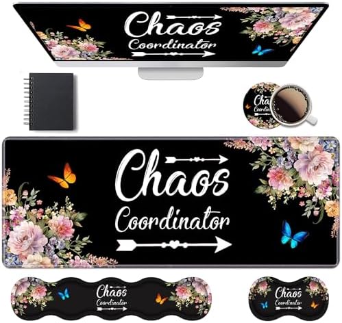 Ergonomic Keyboard Wrist Rest & Mouse Pad Wrist Rest Set, 31.5"x 11.8" Large XXL Gaming Desk Pad Memory Foam Non-Slip Desk Mat for Office & Home, Vintage Watercolor Floral Quote Chaos Coordinator by Unknown
