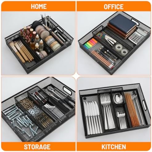 5 Pack Desk Drawer Organizer Tray Set - Stackable Metal Mesh Desk Drawer Organizers and Accessories, for Office Supplies Storage(Black) - Image 5