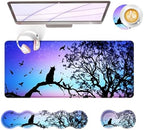 Large Keyboard Mouse Pad Set, Extended Mouse Pad+Keyboard Wrist Rest Support, Memory Foam Ergonomic Easy Typing, 4Pcs (31.5×11.8 in) Desk Pad Set for Office Home,Black Cat Under Starry Night by Unknown