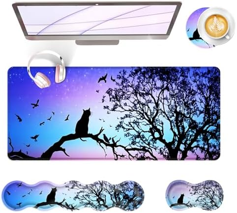 Large Keyboard Mouse Pad Set, Extended Mouse Pad+Keyboard Wrist Rest Support, Memory Foam Ergonomic Easy Typing, 4Pcs (31.5×11.8 in) Desk Pad Set for Office Home,Black Cat Under Starry Night by Unknown