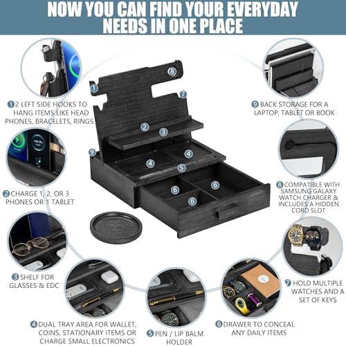 Black Wood Phone Docking Station for up to 3 Phones, Samsung Galaxy Watch Compatible Nightstand Organizer with Drawer for Valuables for Men & Women, Holds Phones, Tablets, Keys, Rings, Glasses, EDC - Image 3