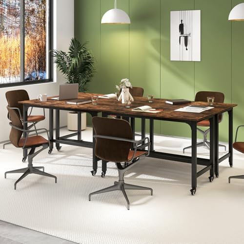 Giantex 8FT Conference Table, 4 PCS 48" Rectangular Mobile Meeting Room Desk with Removable Storage Bag & 2 Hanging Hooks, Rolling Modern Seminar Table for Office Conference Room, Rustic Brown by Giantex