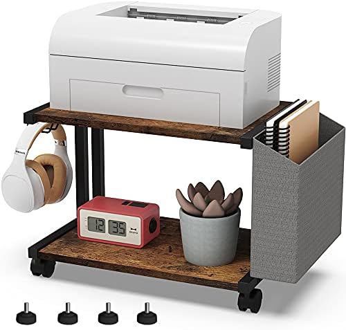 VEDECASA 2 Tier Rustic Brown Wooden Under Desk Printer Stand with Storage Bag for Home Office Desktop Printer Table Organizer Mobile Printer Shelf Cart with Caster Wheel by VEDECASA