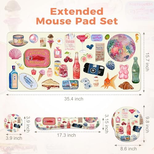 iLeadon Mouse Pad Set，Vintage Stickers Large Desk Mat with Wrist Rest - Image 2