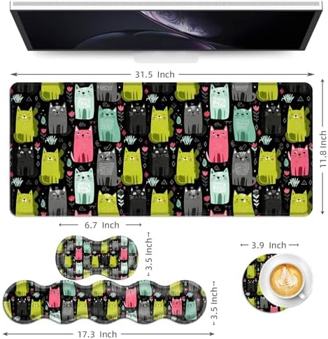 Keyboard Mouse Pad Set, Extended Gaming Mouse Pad+Ergonomics Keyboard Wrist Rest Support, Memory Foam, Easy Typing Pain Relief, 4Pcs XL Ultra Thick Desk Mat,Colorful Cats - Image 6