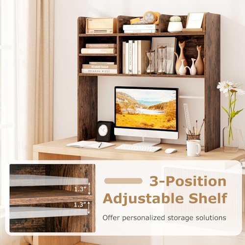 GOFLAME 6 Shelves Desktop Bookshelf, 37” Desk Hutch Dorm for Computer Monitor Up to 32”, 3-Tier Countertop Display Rack, Wood Desk Storage Organizer Shelf for Home Office, Study, Rustic Brown - Image 5