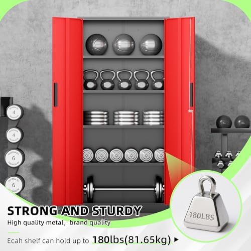 INTERGREAT Metal Storage Cabinet, 72" Locking Steel Cabinets with 2 Door and 4 Adjustable Shelves, Tall Metal Cabinet for Home Office, Garage, Warehouse,(Black+Red) - Image 7