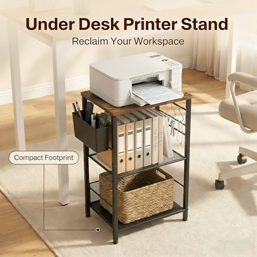 ECOLOVI Small 3 Tier Printer Stand for Under Desk, Height Adjustable Shelf Printer Table with 3 S-Hooks & Basket, Heavy Duty Industrial Storage Shelf for Home Office (Rustic Brown) - Image 5