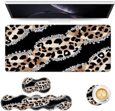 Keyboard Mouse Pad Set, Extended Gaming Mouse Pad+Ergonomics Keyboard Wrist Rest Support, Memory Foam, Easy Typing Pain Relief, 4Pcs XL Ultra Thick Desk Mat,Cute Leopard Pattern by Vobber