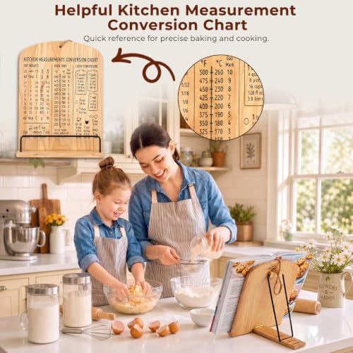 Cookbook Stand for Kitchen Counter, Solid Wood Adjustable with Built-in Kitchen Conversion Chart, Recipe Book Holder for iPad Tablet Cookbooks, Foldable & Portable with Non-Slip Base - Image 4