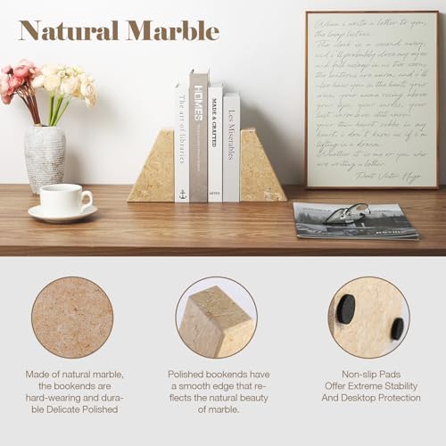 Karibiber Marble Bookend for Heavy Books, Decorative Bookends for Shelves, Durable and Heavy-Duty Book End for Hardback Book & CDS, Unique Book Stopper & Holder, Pearlly Yellow, Set of 2 - Image 2