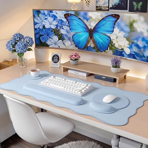 Sabary Scalloped Desk Mat Keyboard Mouse Pad Set Blue 31.5 x 15.7 Inch - Image 5