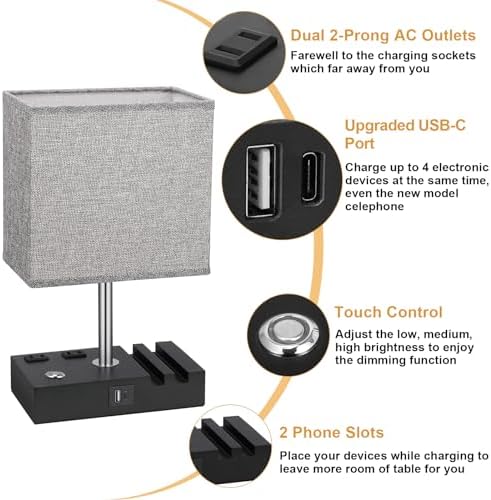 Touch Bedside Table Lamp for Bedroom, 3-Way Dimmable, USB C+A, 2 AC Outlets - Image 5