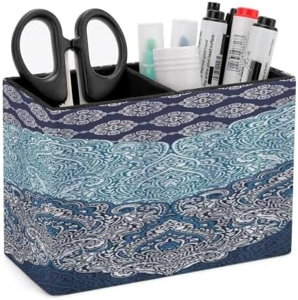 PU Leather Multi-Compartment Pen Holder Desktop Organizer Pencil Cup Storage Caddy for Office Home Supplies Boho Paisley India Bohemia Dark Navy by Unknown