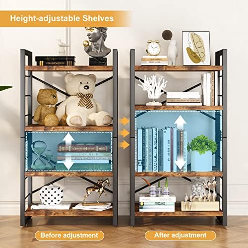 Homeiju Bookshelf, Dorm Desk Hutch, Desk Shelf Organizer, 4 Tier Stackable Bookcase, Adjustable Industrial Book Shelf Storage Organizer for Desktop, Living Room, Bedroom, Office,Rustic Black and Brown - Image 4