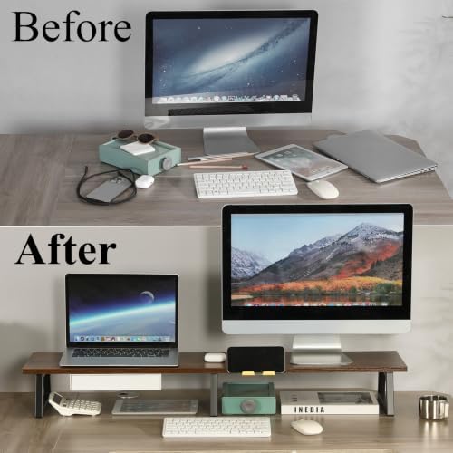 TEAMIX 42 inch Dual Monitor Stand with Storage Drawer & Phone Holder, Brown - Image 5
