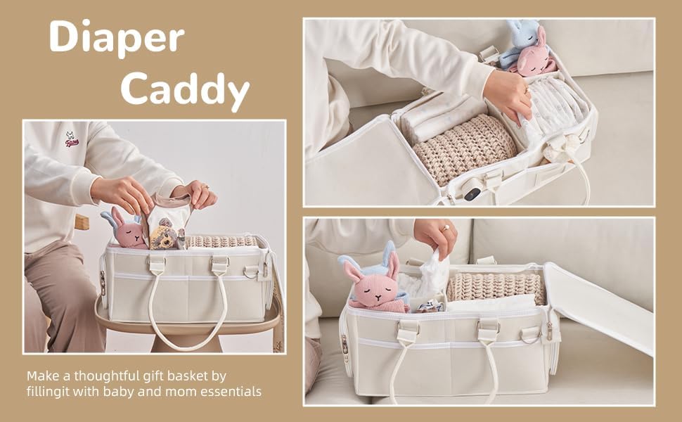 Portable Diaper Caddy, Large 17.1L Nursery Storage Basket with Handle, Baby Essentials Organizer for Changing Table, Travel Use, Beige - Image 5