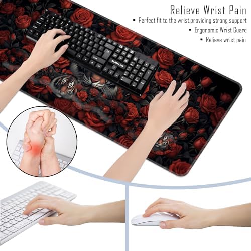 TGFEWYTJYJ Extended Gaming Mouse Pad,Memory Foam Ergonomic Keyboard Mouse Wrist Rest Support Set,Large Desk Mat with Stitched Edges,Non-Slip Base Mousepad Home Office,Tiger Rose Flowers - Image 6