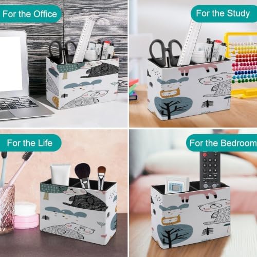 PU Leather Multi-Compartment Pen Holder Desktop Organizer Pencil Cup Storage Caddy for Office Home Supplies Woodland Cute Bear Hedgehog Owl Fox And Hand Drawn - Image 4
