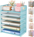 Subekyu 6 Tier Office File Paper Desk Tray Organizer with Handle, Stackable Slide Mesh Letter Tray Folder Blue Desk Organizer, Desktop Document Sorter for Classroom, Office, Home Supplies Storage by SUBEKYU