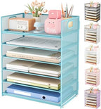 Subekyu 6 Tier Office File Paper Desk Tray Organizer with Handle, Stackable Slide Mesh Letter Tray Folder Blue Desk Organizer, Desktop Document Sorter for Classroom, Office, Home Supplies Storage by SUBEKYU