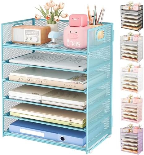 Subekyu 6 Tier Office File Paper Desk Tray Organizer with Handle, Stackable Slide Mesh Letter Tray Folder Blue Desk Organizer, Desktop Document Sorter for Classroom, Office, Home Supplies Storage by SUBEKYU