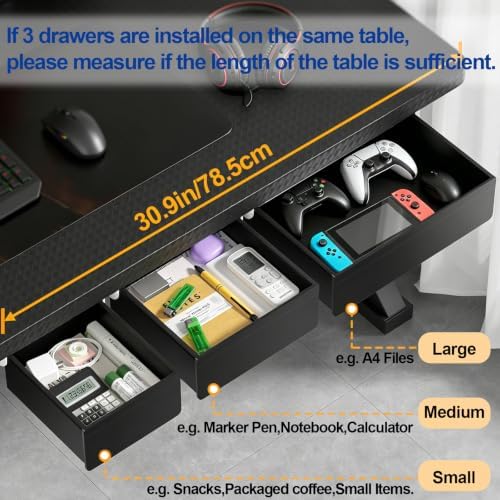 Under Desk Storage Drawer Organizer,3 Pack Self-Adhesive Slide Out Desk Drawers Under Table for Shelf,Office Supplies,Home,Large & Medium & Small,Black - Image 4