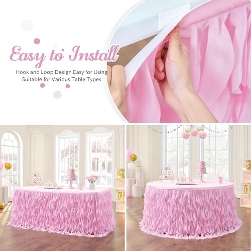 Leegleri 14ft Pink Tutu Table Skirt Tulle Curly Willow Table Skirt for Rectangle&Round Table,Tutu Ruffle Tablecloth for Princess Girls 1st Baby Girl Birthday Party,Baby Shower Decoration,Gender Reveal - Image 5