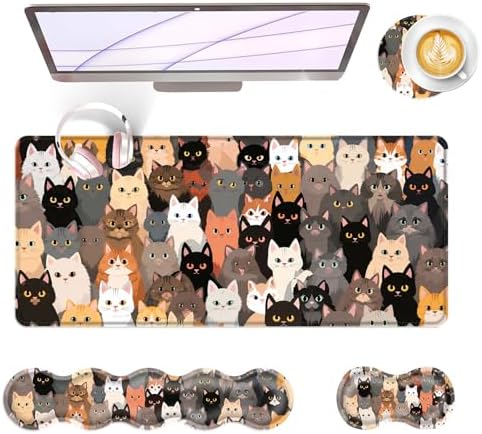 Large Keyboard Mouse Pad Set, Extended Mouse Pad+Keyboard Wrist Rest Support, Memory Foam Ergonomic Easy Typing, 4Pcs (31.5×11.8 in) Desk Pad Set for Office Home,Colorful Cats by Unknown