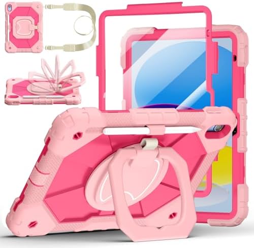 Case for iPad (A16) 11th/10th Generation 11/10.9 Inch 2025/2022, Ubearkk for iPad a16 case with Screen Protector, 360 Degree Rotating Stand Shoulder Strap Pencil Holder,Rose Pink by Ubearkk