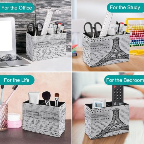 PU Leather Multi-Compartment Pen Holder Desktop Organizer Pencil Cup Storage Caddy for Office Home Supplies Hand Drawn Vintage Paris Eiffel Tower - Image 4