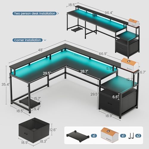 SEDETA 66" Reversible L Shaped Computer Desk with Power Outlet, File Drawer - Image 3