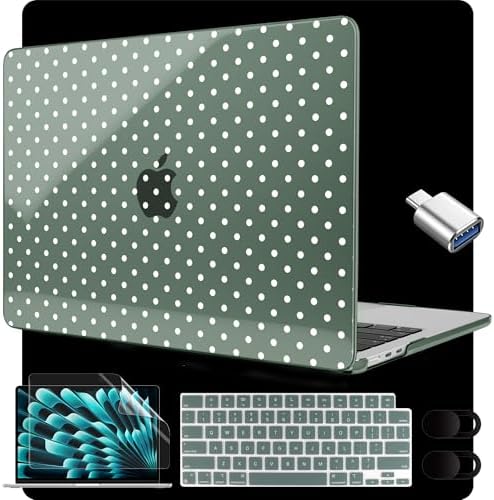 MEEgoodo for M5/M4/M3/M2 MacBook Air 15 inch Case 2026 2025 2024 2023, Case Fit Model (A3448/A3241/A3114/A2941) for MacBook Air 15.3 inch, White Polka Dots & Midnight Green by MEEgoodo