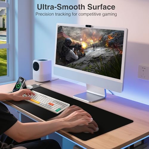 Wireless Charging Mouse Pad with Foldable Phone Holder, 31.5"x15.8", Black - Image 5