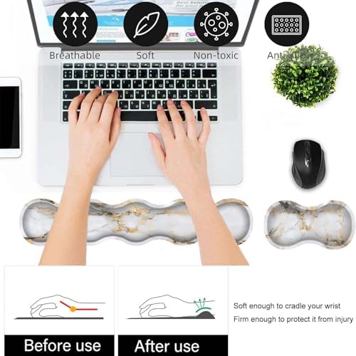 Keyboard Wrist Rest and Mouse Pad Wrist Support Set,Ergonomic Memory Foam Wrist Pad & Non Slip Base for Home Office Working Studying Easy Typing,White Gold Marble - Image 5