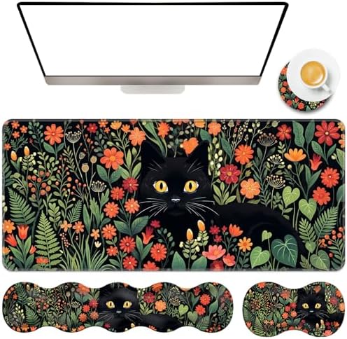 TGFEWYTJYJ Extended Gaming Mouse Pad,Memory Foam Ergonomic Keyboard Mouse Wrist Rest Support Set,Large Desk Mat with Stitched Edges,Non-Slip Base Mousepad Home Office,Cute Black Cats by GFEWYTJYJ