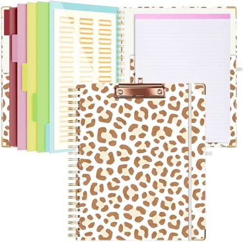 Ospelelf Clipboard with Storage 8.5 X 11，Padfolio Organizer, Spiral Portfolio Letter Size with Notepad, Pen Holder, 5 Extra Folder Divider Pages, Elastic Closure Nurse Office Essentials Leopard by OspelelfOfficeSupplies