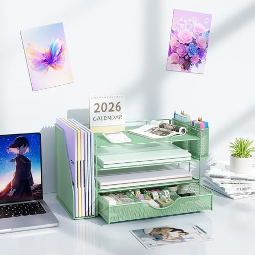 gianotter 4-Tier Desk Organizer with Drawers, File Holders, Letter Trays and Pen Holders - Workspace Accessories for Office Supplies (Sage Green) - Image 7