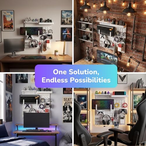Keepo Peg Board Wall Organizer for Gaming Setup, Pegboard with Adhesives & Screw Mounts, Includes Peg Board Accessories for Gaming Accessories, Tech Storage & Office Organization (White, 22″×22″) - Image 7